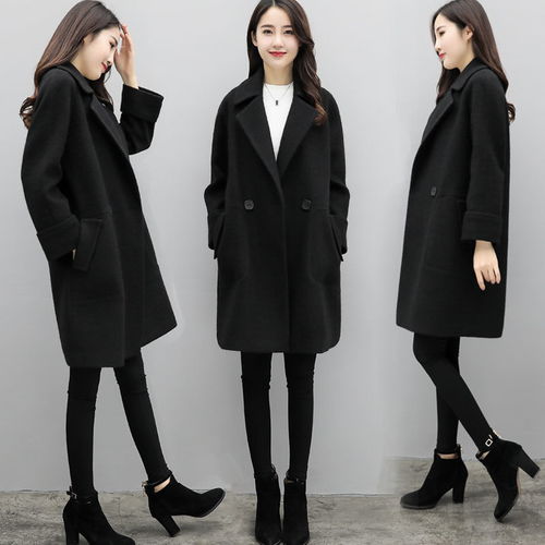 羊绒大衣女中长款2019冬新款宽松黑色韩版毛呢外套女
