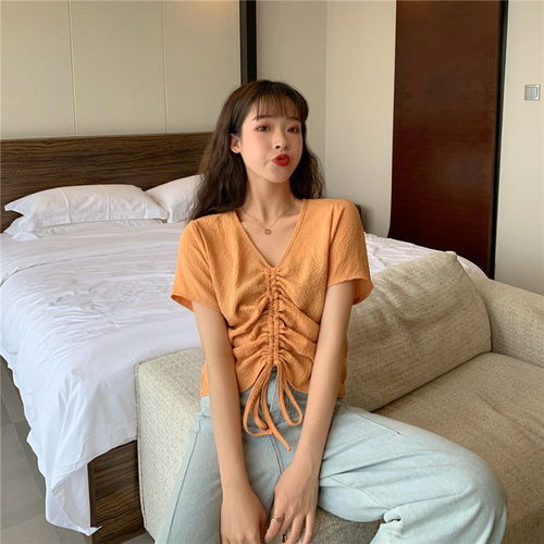 夏季抽绳短袖打底衫锁骨上衣t恤潮ins超火宽松v领小心机设计感
