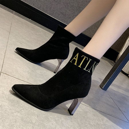 靴子女2019秋冬新款时尚尖头黑色粗跟高跟加绒短靴ins网红瘦瘦靴图片大全邮乐官方网站