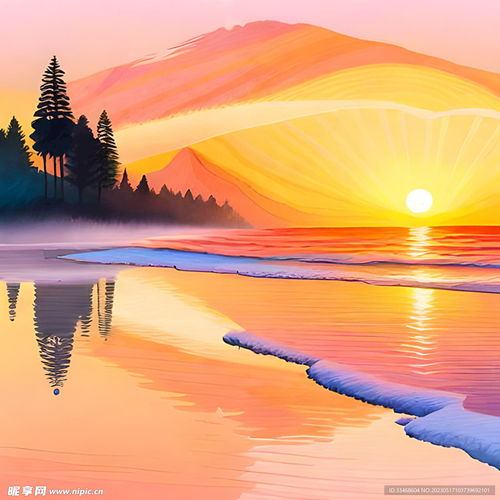 海边日出水彩风景画设计图自然风光