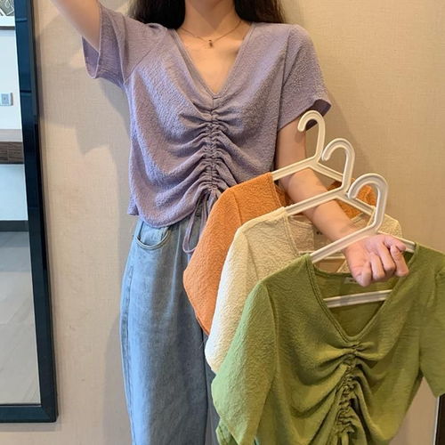 夏季抽绳短袖打底衫锁骨上衣t恤潮ins超火宽松v领小心机设计感