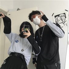 现货2019春秋ins同款笑脸刺绣假两件长袖宽松万年bf情侣潮