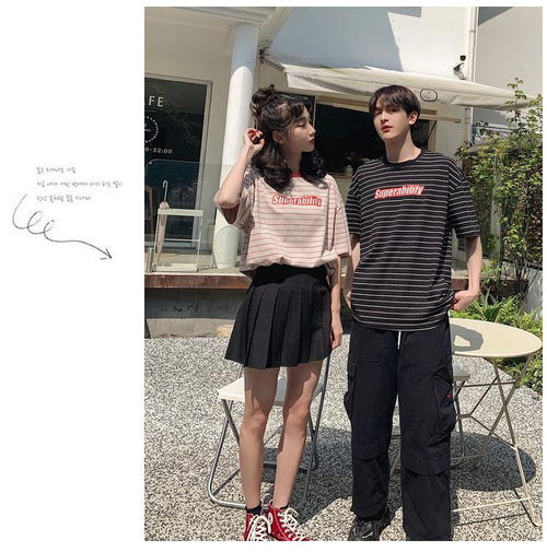 卓纪复古条纹情侣装女夏装ins超火港风网红情侣版抖音同款半袖男t恤夏