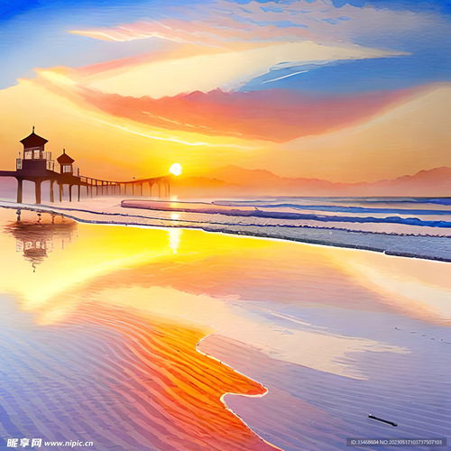 海边日出水彩风景画设计图自然风光