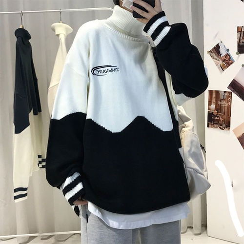 拼色高领毛衣男ins高级撞色休闲潮牌百搭慵懒学院风情侣装针织衫