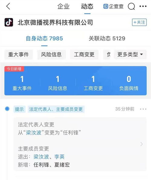 抖音创始人梁汝波卸任法定代表人