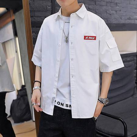 汤河之家工装衬衫男士短袖夏季宽松休闲衬衣韩版潮流宽松ins港风男装寸衫a图片大全邮乐官方网站