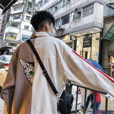 ins秋季新款网红休闲宽松港风日系拼色印花休闲外套夹克