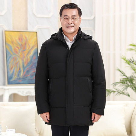洋湖轩榭男士秋冬加厚连帽棉衣中老年爸爸冬装保暖棉服中长款外套a
