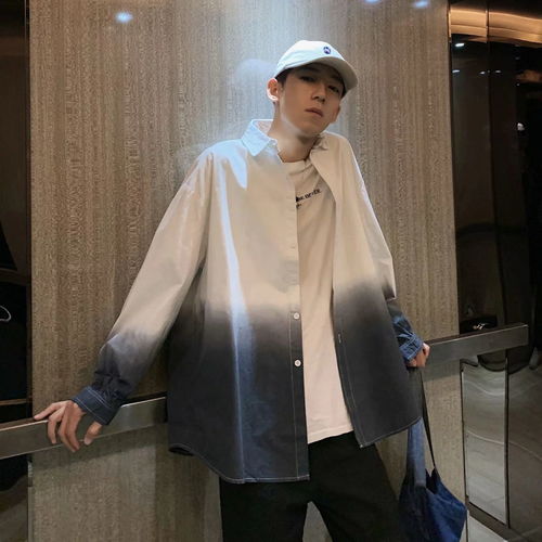 ins港风长袖渐变衬衫男士bf原宿风嘻哈韩版潮流情侣学生宽松衬衣