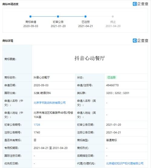 字节跳动申请抖人抖音心动餐厅商标已完成注册