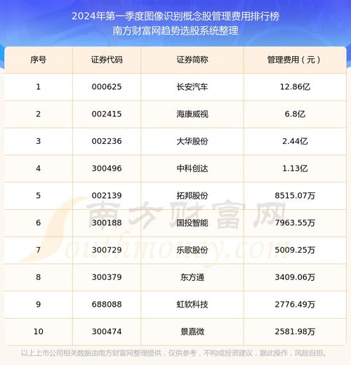 图像识别概念股管理费用排名前十名单2024年第一季度