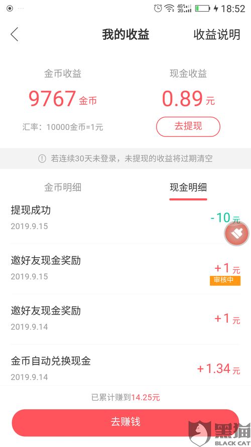 黑猫投诉快手极速版邀请好友得了一块钱看视频赚的金币一直在审核中