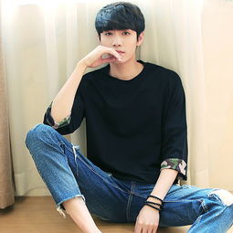 2018新款男士韩版t圆领宽松男生七分袖迷彩中袖男装jd