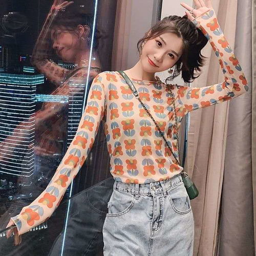 ins泫雅风少女网纱上衣夏修身显瘦百搭月亮薄款防晒长袖打底衫t恤